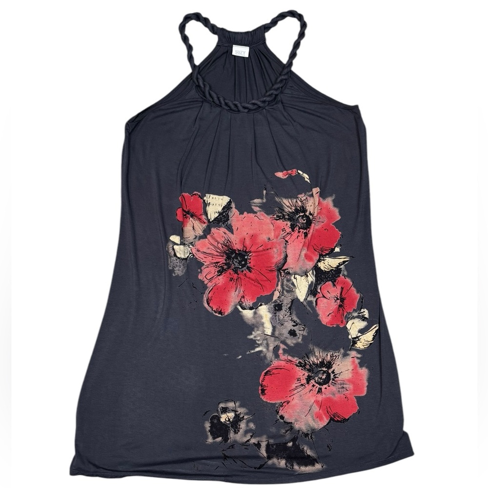 Y2K Suzy Shier Grey and Bold Red Floral pattern Twist Halter Sun Dress M